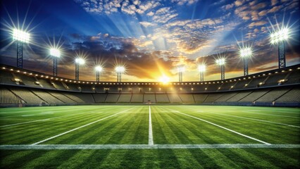 Daytime football field floodlights casting dramatic shadows, daytime, perspective, recreation, football field, lighting, equipment, floodlights, intensity, illuminate, stadium, casting