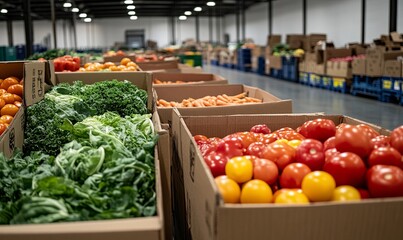A warehouse full of fresh produce in cardboard boxes.