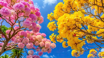 A captivating close up stock photo showcasing the delicate pink flowers of a Tabebuia tree and the vibrant yellow blooms of a Royal Poinciana against a vivid blue sky, picturesque
