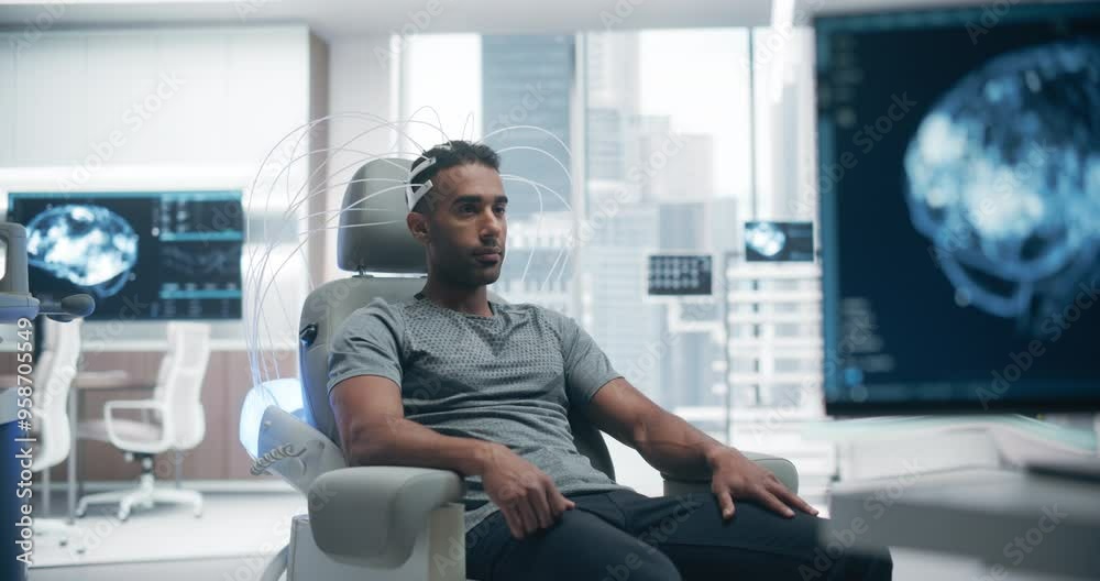 Poster futuristic laboratory: male patient wearing headset for a high-tech brain scan using advanced neural