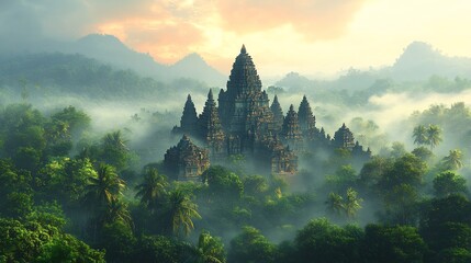 Detailed vector of jungle temple hidden among the trees