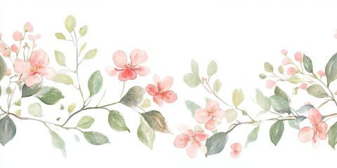 Fototapeta premium Watercolor illustration of a delicate pink flower branch with green leaves and buds.