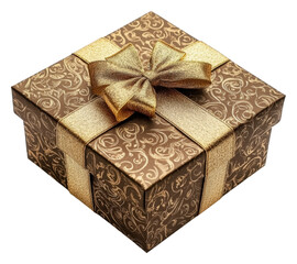 Elegant gold ribbon-wrapped gift box on display, cut out - stock png.