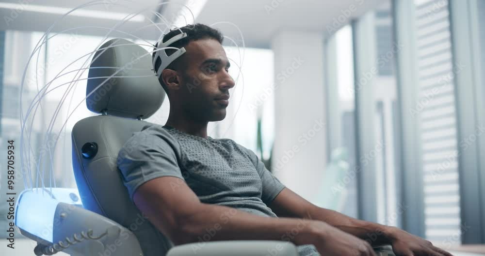 Poster futuristic laboratory: male patient wearing headset for brain scan. advanced neural technology focus