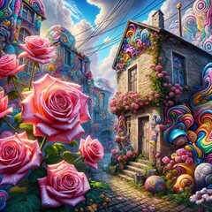 Fototapeta premium A colorful street is adorned with vibrant, oversized roses, and a quaint stone house covered in intricate, swirling patterns. The clouds in the blue sky add to the surrealistic atmosphere. (Gen, A.I.)