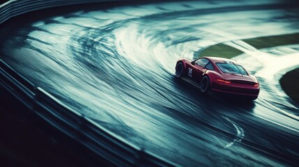 Obraz premium Red Sports Car Taking a Turn on a Wet Track