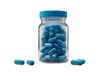 Blue pills in clear jar isolated on transparent background background