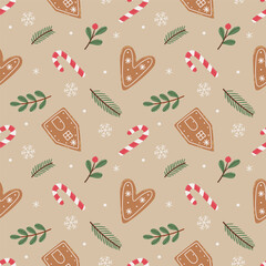 Gingerbread seamless pattern. Festive background with cookies, candies, leaves and berries.