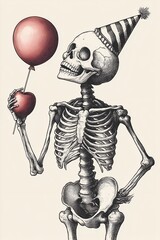 Halloween Poster Skeleton wearing a birthday party hat and holding a balloon 02 - 3584 x 5376 19.3MP - created by AI