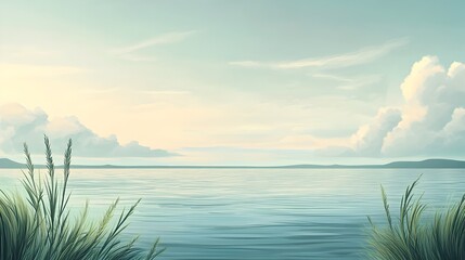 Serene Lakeside Landscape with Tranquil Water and Distant Horizon