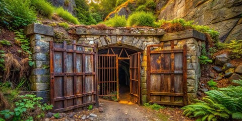 Rugged, rusty metal gates mark the entrance to a dimly lit, abandoned mine shaft, surrounded by...