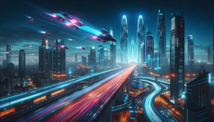 Fototapeta premium Rush hour traffic lights up the bustling cityscape, reflecting the city's vibrant energy as cars weave through the urban labyrinth