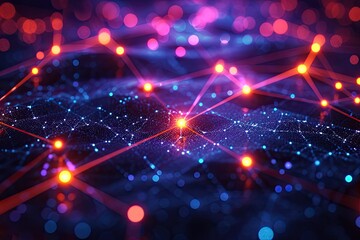 An artistic representation of digital currency flow, with glowing neon lines and nodes on a dark background, symbolizing network connections