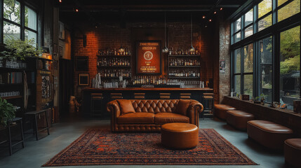 A living room with a brown couch and a coffee table. The room has a vintage feel with a brick wall and a sign that says "Olde Chicago"
