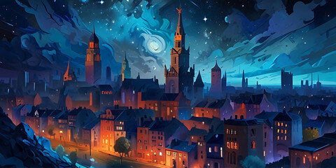 Obraz premium CITY LANDSCAPE BY NIGHT STARRY SKY 