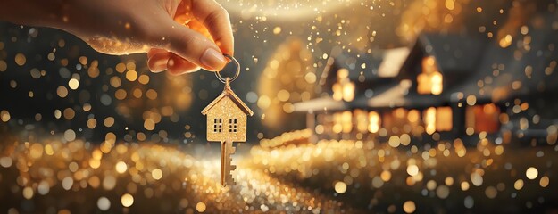 Hand holding a key with a glowing house in the background.
