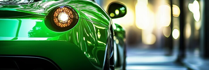 A sleek and polished green sports car captured under ambient lighting, highlighting its modern and...