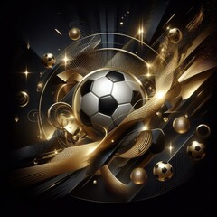 A luxurious soccer banner background showcasing a blend of black and gold tones with football
