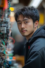 A Japanese engineer fine-tuning an AI-powered robotic arm, with wires and tools scattered around a workbench.