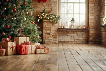 Christmas Tree with Presents and a Brick Wall Background
