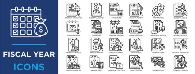 fiscal year, business, finance, year, financial, fiscal icon set. Outline icons collection. Simple vector illustration