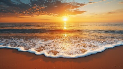 Obraz premium Stunning Sunset Over Serene Ocean Waves Lapping Peaceful Beach Shore