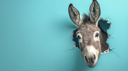 portrait donkey looking throuhg a hole in a blue wallpaper