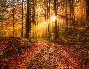Fototapeta premium Mit Herbstlaub bedeckter Waldweg im Abendlicht, warmes goldenes licht scheint durch die Bäume, Generative AI