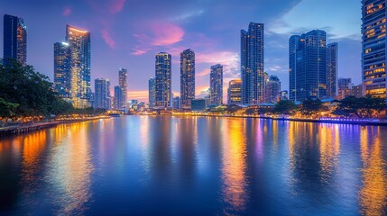 Fototapeta premium Vibrant Cityscape Reflecting on Glimmering Waterfront at Dusk