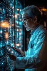 Fototapeta premium A Japanese scientist reviewing AI-driven data analysis on a tablet while standing in front of a large digital screen.