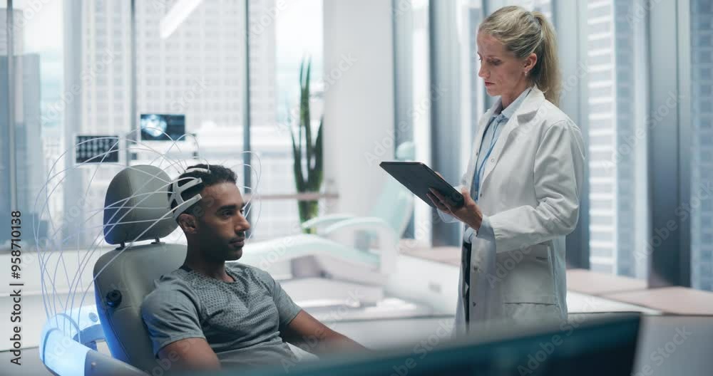 Poster high-tech neuroscience facility: male patient wearing headset gets brain mapping with nsms. scan tar