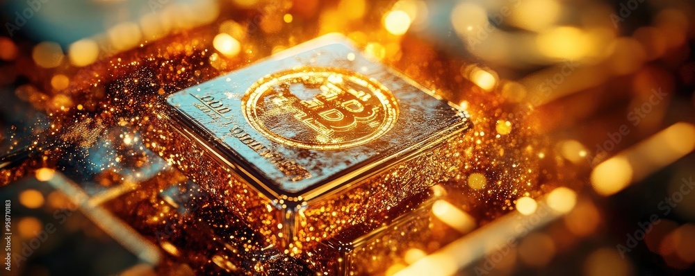Poster shiny gold bitcoin coin placed on a digital circuit board, symbolizing the future of cryptocurrency 