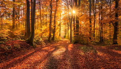 Fototapeta premium Mit Herbstlaub bedeckter Waldweg im Abendlicht, warmes goldenes licht scheint durch die Bäume, Generative AI