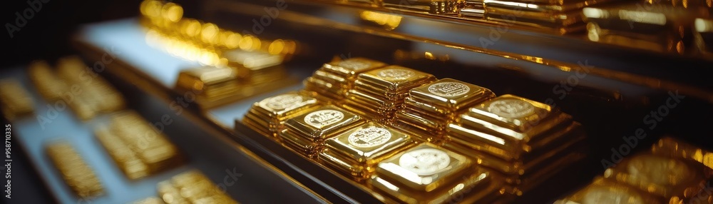 Poster a close-up view of gold bars stacked neatly, symbolizing wealth and prosperity in a luxurious settin