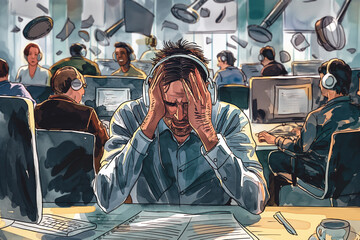 A busy office scene with a person in the foreground visibly stressed and holding their head, surrounded by multiple conversations and phone calls.