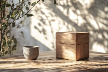 Naklejka premium Wooden Box and Cup on Wooden Table with Sunlight
