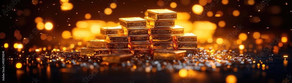 Poster shiny gold bars stacked elegantly with a sparkling bokeh background, symbolizing wealth and luxury i