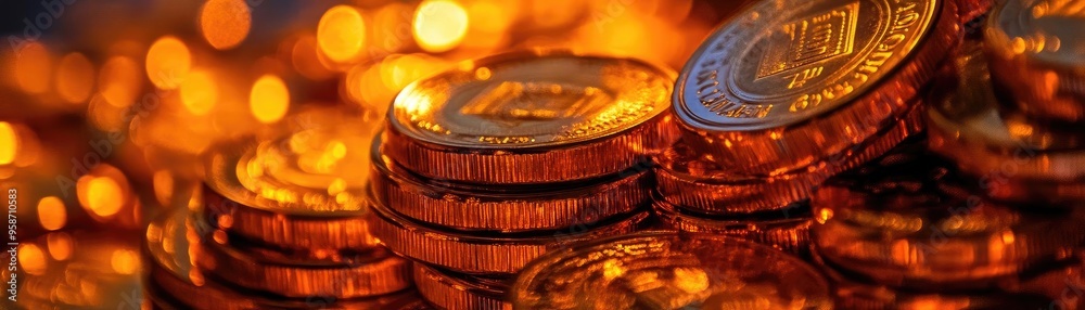 Poster A close-up view of shiny gold coins stacked together, creating an inviting and luxurious ambiance with warm bokeh lights.
