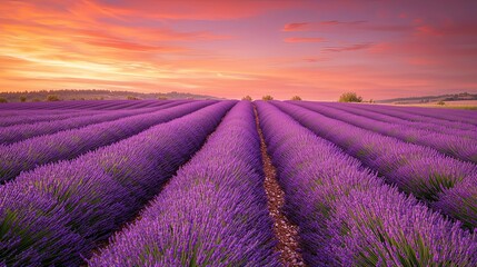 Vibrant Lavender Field at Stunning Sunset or Sunrise with Captivating Scenic Horizon