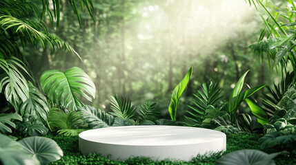 A sleek white podium placed on a 3D abstract minimal background, surrounded by a lush green forest.