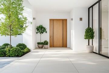 Fresh and inviting entrance of a new home, showcasing a classic wooden door and a bright white wall
