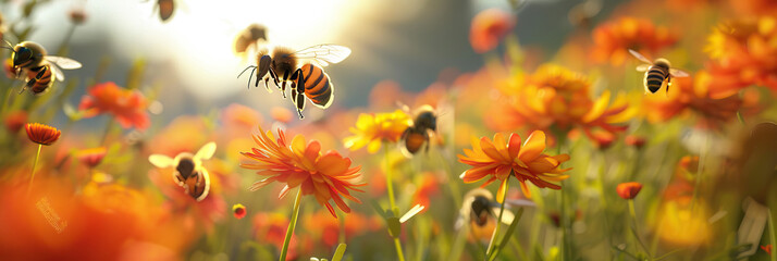 Bees busily flit between bright orange and yellow flowers, their industrious hum filling the air.