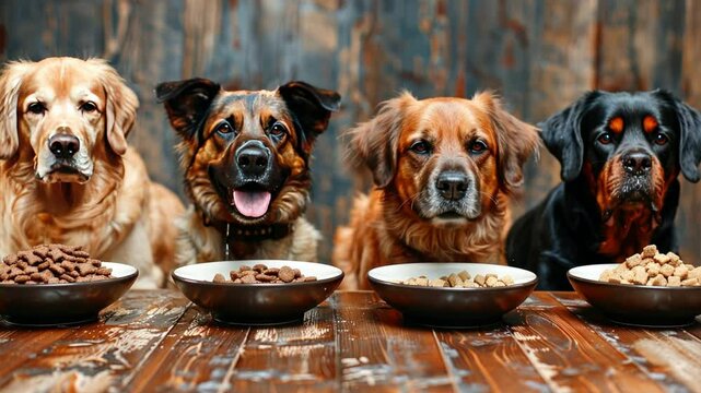 Four Friends, Four Bowls: A heartwarming image of four dogs, each with their own bowl of food, showcasing the bond of companionship and shared mealtimes. The rustic wooden table backdrop adds a touch 