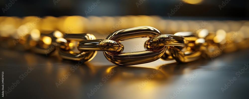Poster close-up of a shiny golden chain on a dark surface, highlighting intricate links and a luxurious fee