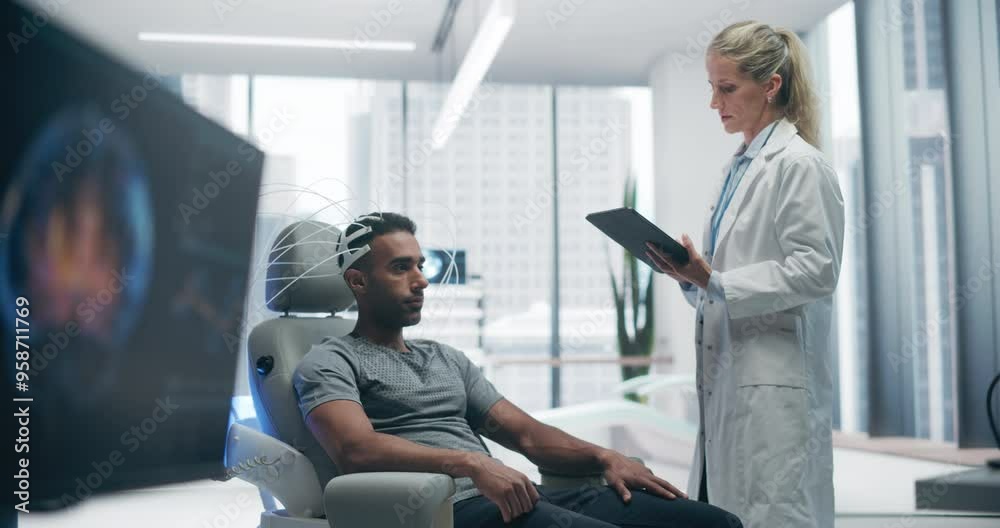 Aufkleber futuristic laboratory: male patient wearing headset for a high-tech brain scan, monitored by a docto