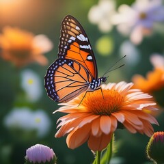Fototapeta premium Butterfly with orange and black wings on a blooming flower, creating a serene natural scene for wallpapers and educational content