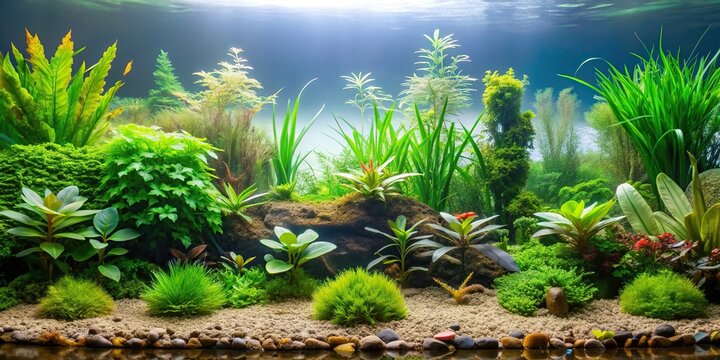 A beautiful planted freshwater aquarium with Java Fern alongside other aquatic plants creating a serene and natural aquatic landscape, serene, fish tank, flora, foliage, natural
