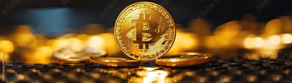 Aufkleber Close-up of a Bitcoin resting on a textured surface with shining coins in the background, symbolizing cryptocurrency wealth.