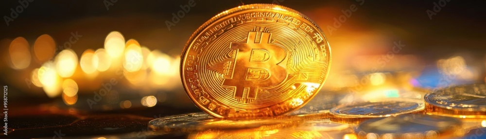 Poster a vibrant close-up of a golden coin symbolizing digital currency, reflecting light with a bokeh back