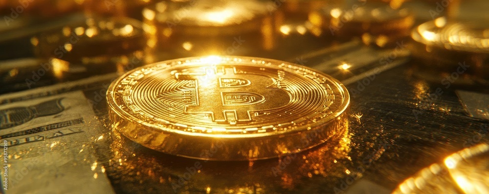 Aufkleber Close-up view of shiny Bitcoin coin resting on a surface with banknotes, symbolizing cryptocurrency wealth and investment.